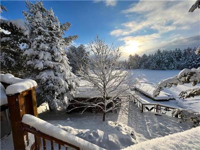 Four Season Waterfront Cozy Log Home with Stunning views and Outdoor Finnish Sauna with Tea Room